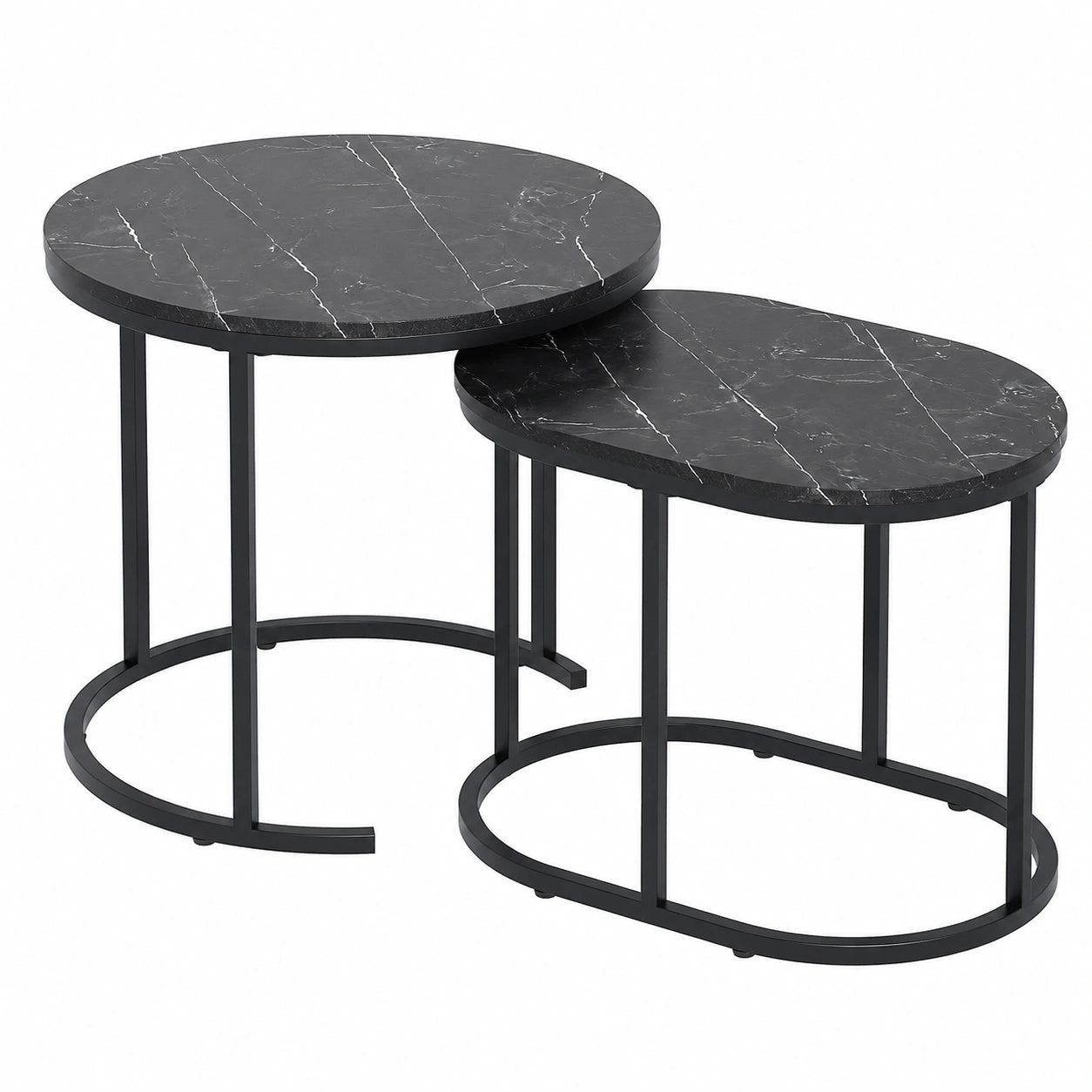 Moderner Couchtisch 2er Set aus Holz, Rund & Oval, Schwarz, Wohn- und Schlafzimmer