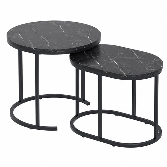Moderner Couchtisch 2er Set aus Holz, Rund & Oval, Schwarz, Wohn- und Schlafzimmer