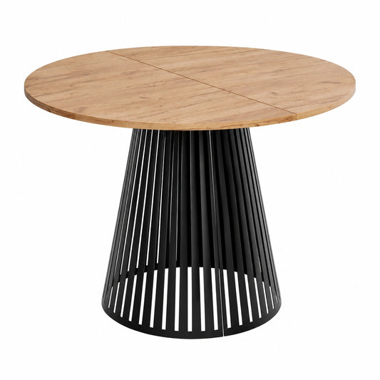 Ausziehbarer Runder Esstisch im Loft-Stil mit Lamellen – 120-200 cm – Industrieller Tisch mit schwarzen Metallbeinen, Platzsparend – Braun