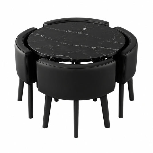 Moderner 5-teiliger Essgruppe: 90cm runder Tisch & 4 gepolsterte Stühle, vielseitig für Küche und Wohnbereich, Schwarz