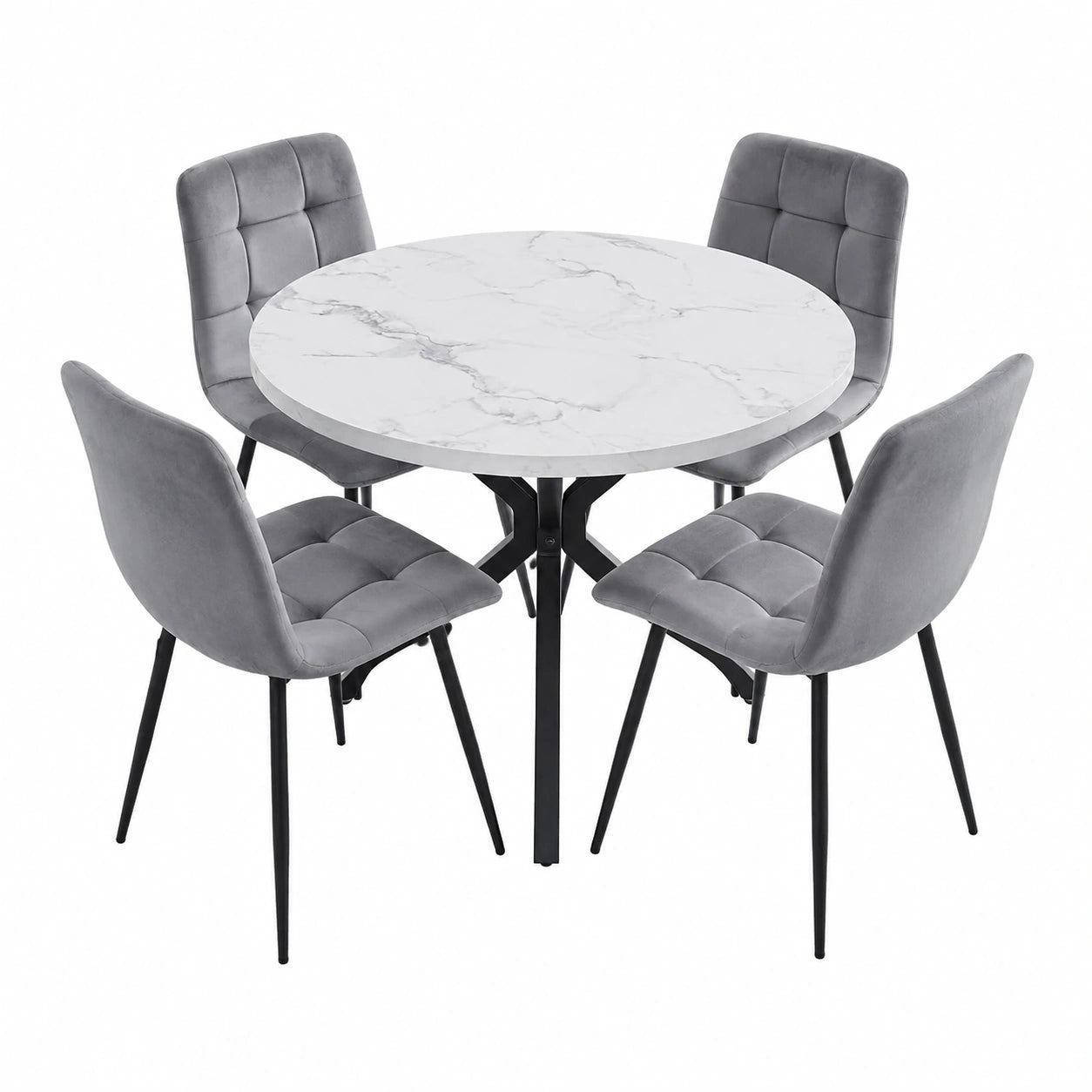 Esszimmer-Set: Moderner Tisch mit 4 Veloursstühlen, hohe Rückenlehne, 100 cm, Schwarz/Grau