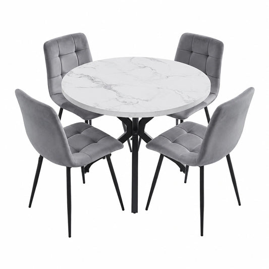 Esszimmer-Set: Moderner Tisch mit 4 Veloursstühlen, hohe Rückenlehne, 100 cm, Schwarz/Grau