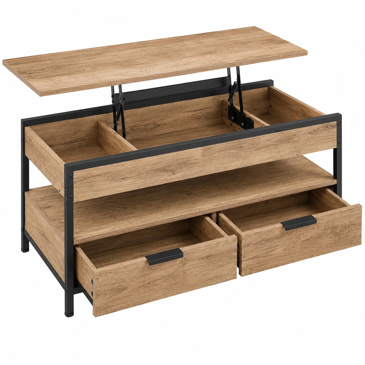 VASAGLE Multifunktionaler Couchtisch, höhenverstellbar, mit Schubladen und Ablage, 50 x 100 cm, Kamelbraun und Tintenschwarz