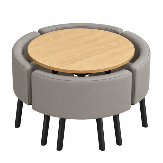 5-Teiliges Essgruppe Set mit Rundem Tisch und 4 Stühlen, Ideal für Küche, Esszimmer und Büro, 4-6 Personen, Naturholzfarbe
